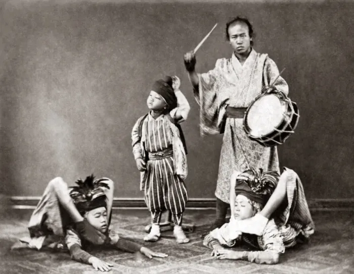 Framed Print : Child acrobats, Japan, circa 1870s Framed Print : Child acrobats, Japan, circa 1870s