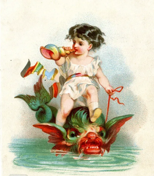 Framed Print : Child blowing a shell, riding on the head of a sea monster Framed Print : Child blowing a shell, riding on the head of a sea monster