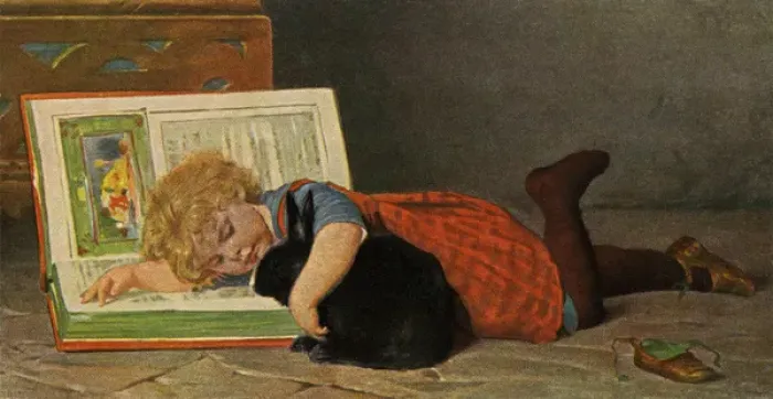 Framed Print : Child with book & rabbit Framed Print : Child with book & rabbit