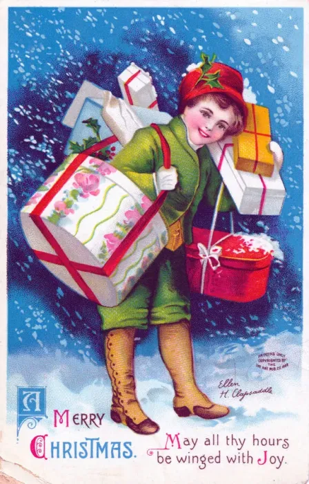 Framed Print : Child carrying presents on a Christmas postcard Framed Print : Child carrying presents on a Christmas postcard