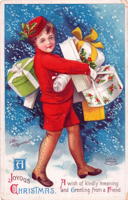 Framed Print : Child carrying presents on a Christmas postcard Framed Print : Child carrying presents on a Christmas postcard