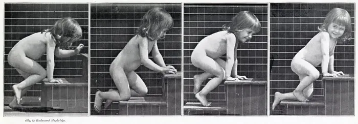 Framed Print : CHILD CLIMBING STEPS ON HANDS AND KNEES (sequence of four) Date: 1887
