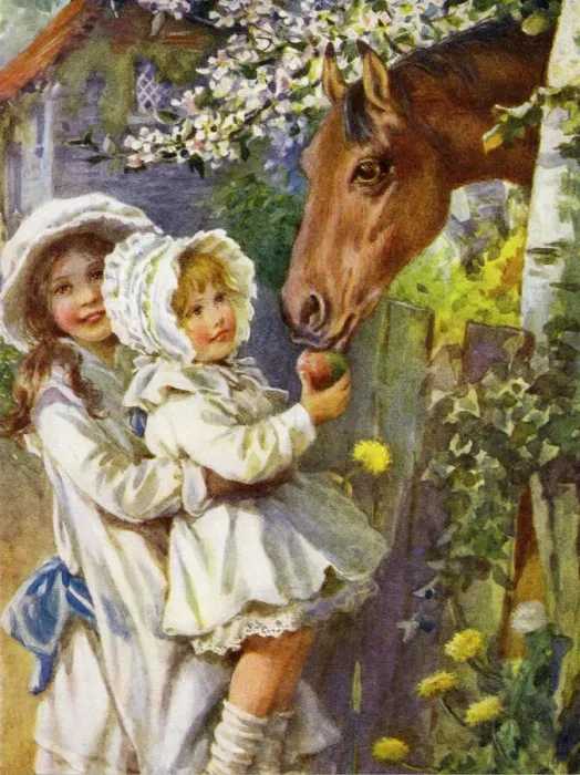 Framed Print : Child feeding a pony Framed Print : Child feeding a pony
