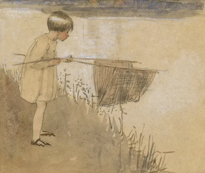 Framed Print : Child with fishing net by Muriel Dawson Framed Print : Child with fishing net by Muriel Dawson