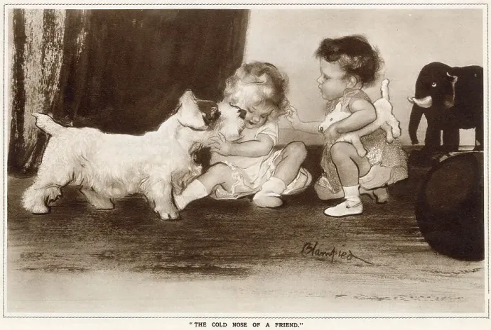Framed Print : A child is playing with a dog who is with a little girl. Date: 1933 Framed Print : A child is playing with a dog who is with a little girl. Date: 1933