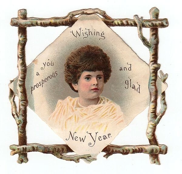 Child with rustic branch border on a New Year card