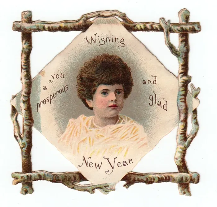 Framed Print : Child with rustic branch border on a New Year card Framed Print : Child with rustic branch border on a New Year card