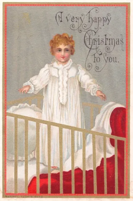 Framed Print : Child standing up in a cot on a Christmas card Framed Print : Child standing up in a cot on a Christmas card