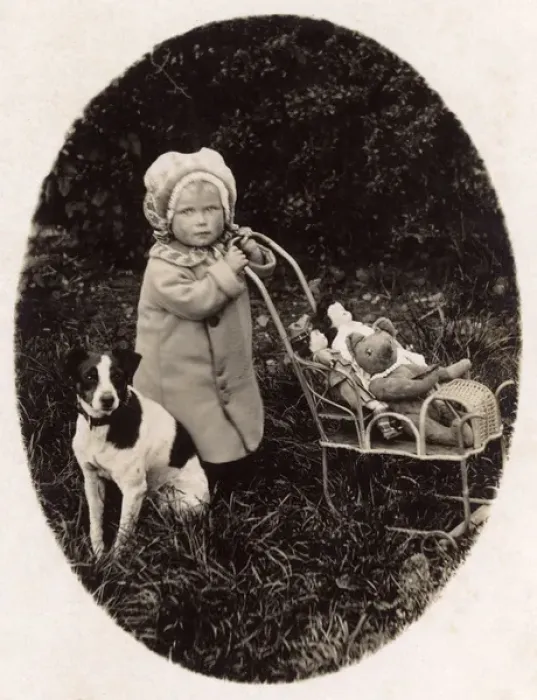 Framed Print : Child / Toy Pram / Dog Framed Print : Child / Toy Pram / Dog