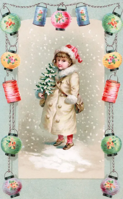 Framed Print : Child with tree and bag on a Christmas postcard Framed Print : Child with tree and bag on a Christmas postcard