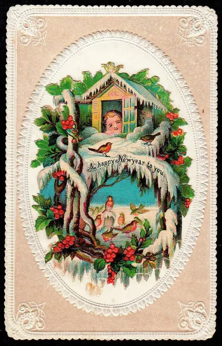 Framed Print : Child watching robins in the snow on a New Year card Framed Print : Child watching robins in the snow on a New Year card