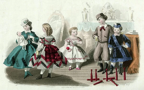 Children in 1864. Latest Paris fashions for Victorian children, girls