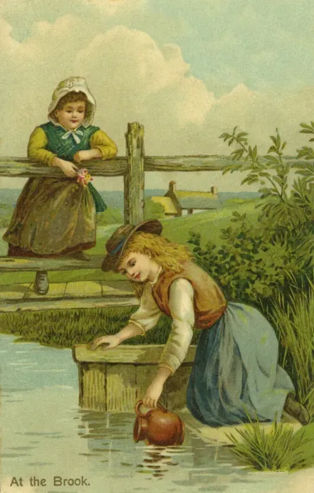 Framed Print : Children. At the Brook. Girl fetching water from thebrook. Date: circa 1903 Framed Print : Children. At the Brook. Girl fetching water from thebrook. Date: circa 1903