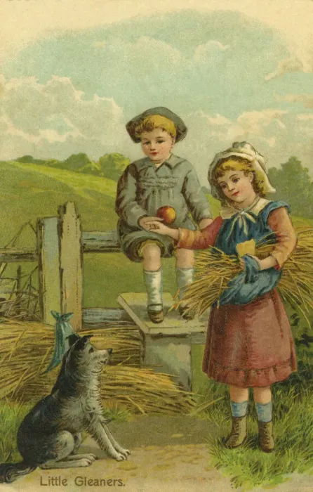 Framed Print : Children. Little Gleaners. Boy and girl with dog beside stile. Date: circa 1903 Framed Print : Children. Little Gleaners. Boy and girl with dog beside stile. Date: circa 1903