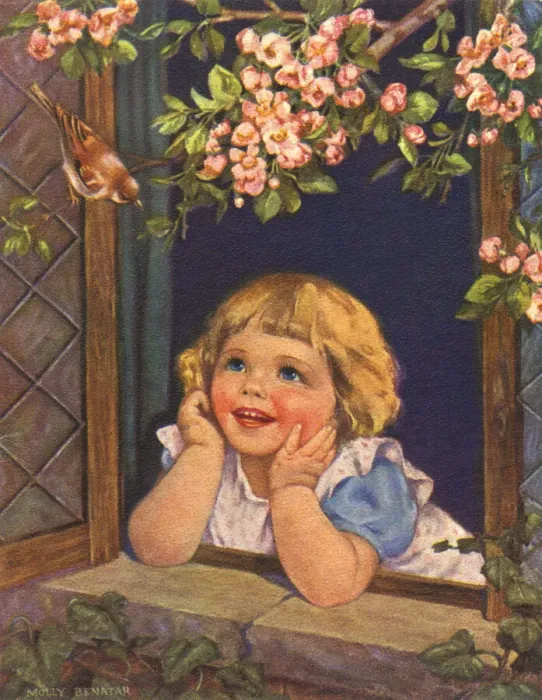 Framed Print : Children. Young girl looking at bird ouside window. Artist: Molly Benatar Date: circa 1930 Framed Print : Children. Young girl looking at bird ouside window. Artist: Molly Benatar Date: circa 1930