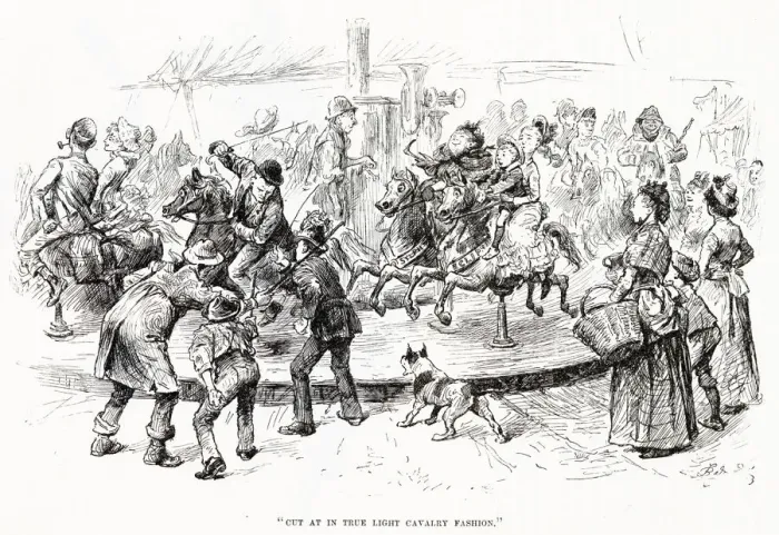 Framed Print : Children & adults enjoy a day at the fair on the man powered roundabout. Date: 1888 Framed Print : Children & adults enjoy a day at the fair on the man powered roundabout. Date: 1888