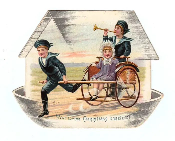 Framed Print : Children on an ark-shaped Christmas card Framed Print : Children on an ark-shaped Christmas card