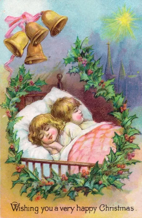 Framed Print : Two children asleep in bed on a Christmas card Framed Print : Two children asleep in bed on a Christmas card