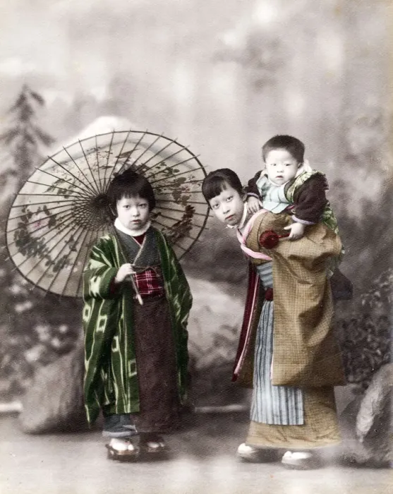 Framed Print : Two children and a baby. Japan Framed Print : Two children and a baby. Japan