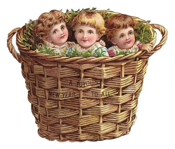 Three children in a basket on a cutout New Year card