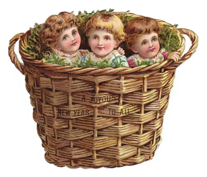 Framed Print : Three children in a basket on a cutout New Year card Framed Print : Three children in a basket on a cutout New Year card