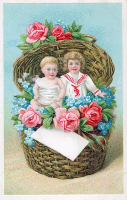 Framed Print : Children in a basket of flowers on a greetings postcard Framed Print : Children in a basket of flowers on a greetings postcard