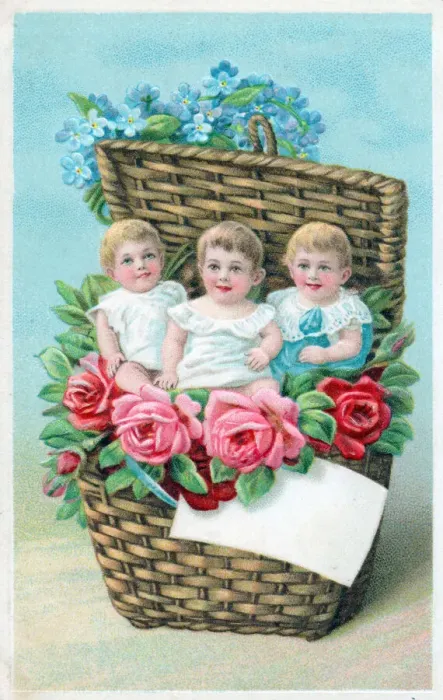 Framed Print : Children in a basket of flowers on a greetings postcard Framed Print : Children in a basket of flowers on a greetings postcard