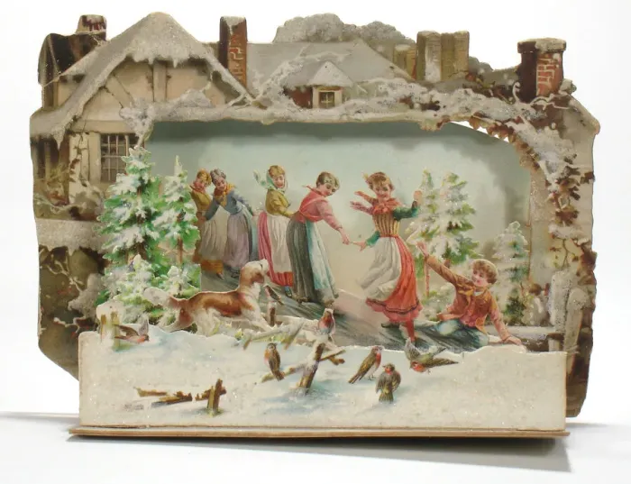 Framed Print : Children and birds in the snow on a New Year card Framed Print : Children and birds in the snow on a New Year card