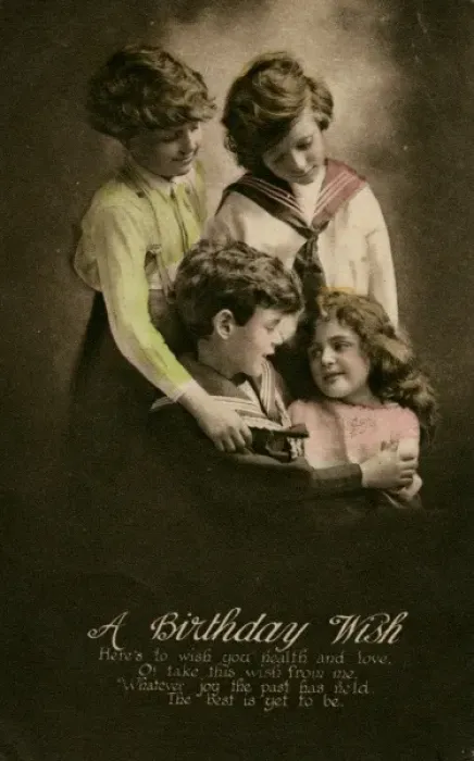 Framed Print : Four children on a birthday postcard Framed Print : Four children on a birthday postcard