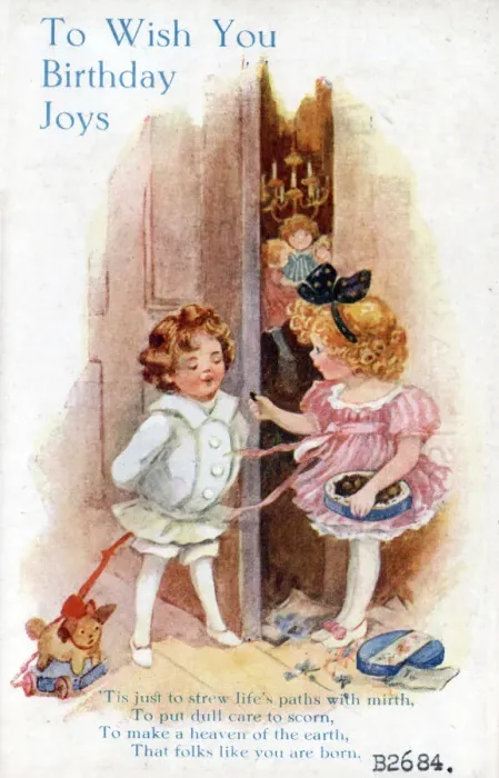 Framed Print : Children on a birthday postcard Date: circa 1918 Framed Print : Children on a birthday postcard Date: circa 1918
