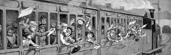 Framed Print : Children on board a train off on a school trip