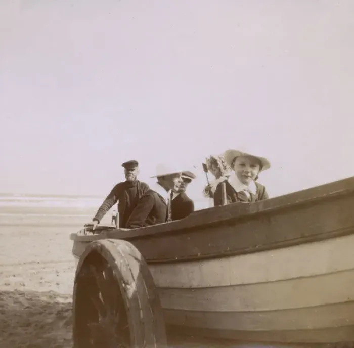 Framed Print : Four children and boatman, Saltburn, North Yorkshire Framed Print : Four children and boatman, Saltburn, North Yorkshire