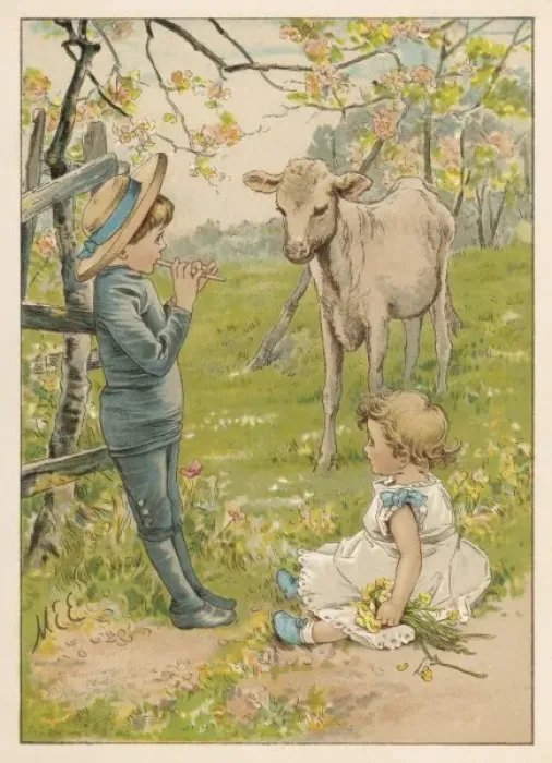 Framed Print : Children with Calf 1880 Framed Print : Children with Calf 1880