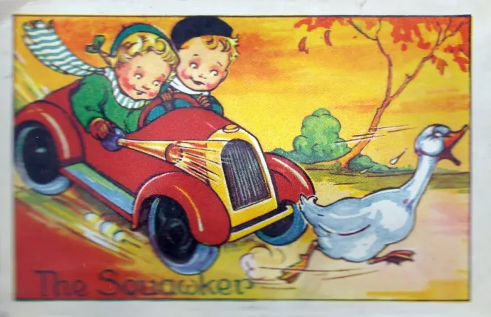 Framed Print : Children in car chasing goose on an audible greetings card Framed Print : Children in car chasing goose on an audible greetings card