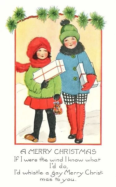 Children carrying presents in the snow
