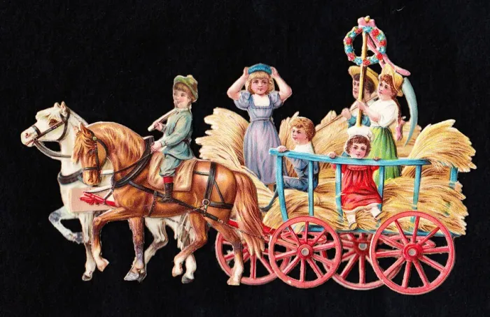 Framed Print : Children in a cart at harvest time on a Victorian scrap Framed Print : Children in a cart at harvest time on a Victorian scrap