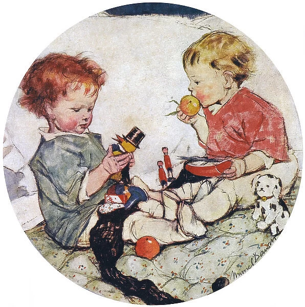 Two children with Christmas presents by Muriel Dawson