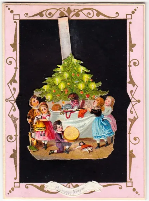 Framed Print : Children and Christmas tree on a New Year card Framed Print : Children and Christmas tree on a New Year card