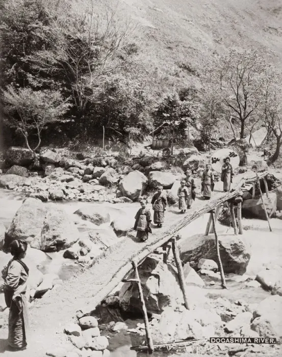 Framed Print : Children crossing the Dogashima River, Japan, c. 1890 Framed Print : Children crossing the Dogashima River, Japan, c. 1890