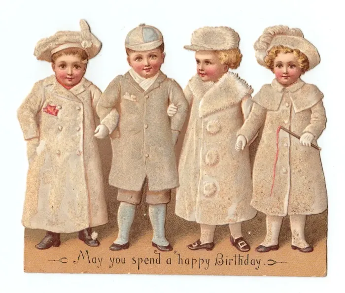 Framed Print : Four children on a cutout birthday card Framed Print : Four children on a cutout birthday card