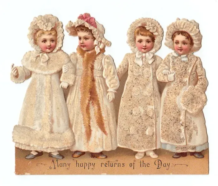 Framed Print : Four children on a cutout birthday card Framed Print : Four children on a cutout birthday card