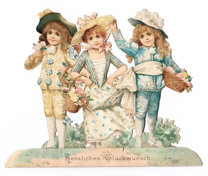 Framed Print : Three children on a cutout German greetings card Framed Print : Three children on a cutout German greetings card