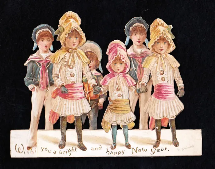 Framed Print : Six children on a cutout New Year card Framed Print : Six children on a cutout New Year card