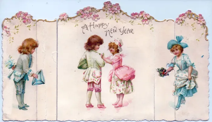 Framed Print : Four children on a cutout New Year card Framed Print : Four children on a cutout New Year card