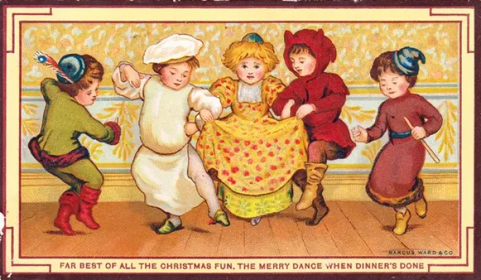 Framed Print : Five children dancing on a Christmas card Framed Print : Five children dancing on a Christmas card