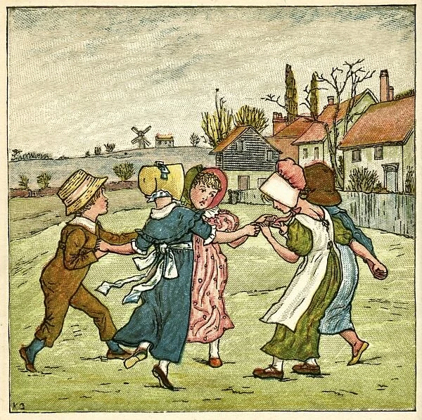 Children dancing in a ring on village green