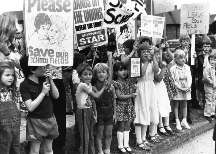 Framed Print : Children demonstrating to save school playing fields Framed Print : Children demonstrating to save school playing fields