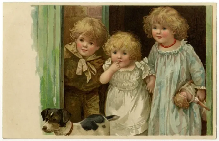 Framed Print : Three Children / Dog 1900 Framed Print : Three Children / Dog 1900