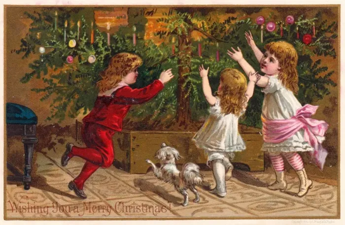 Framed Print : Three children and dog on a Christmas card Framed Print : Three children and dog on a Christmas card