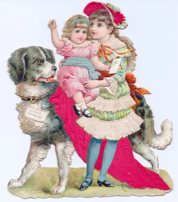 Framed Print : Children and dog on a cutout German greetings card Framed Print : Children and dog on a cutout German greetings card